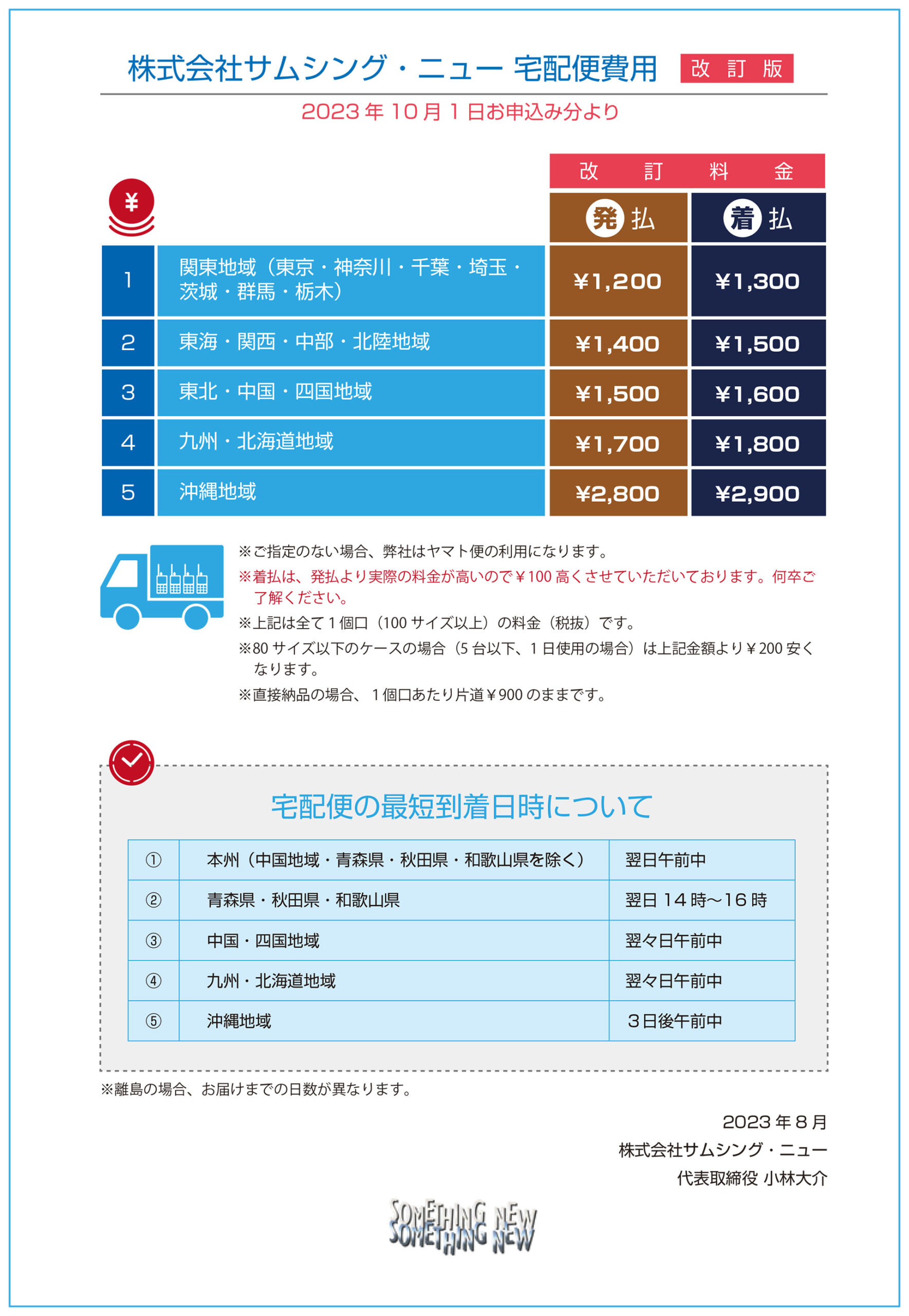 株式会社サムシング・ニュー 宅配便費用改訂版（2023年10月1日お申し込み分より）