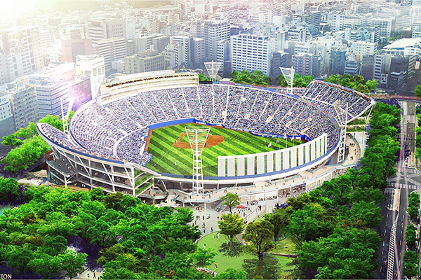 現在の横浜スタジアム全景　ウィング席やSTAR SUITESも増設され、収容人数も約34,000人に増えました